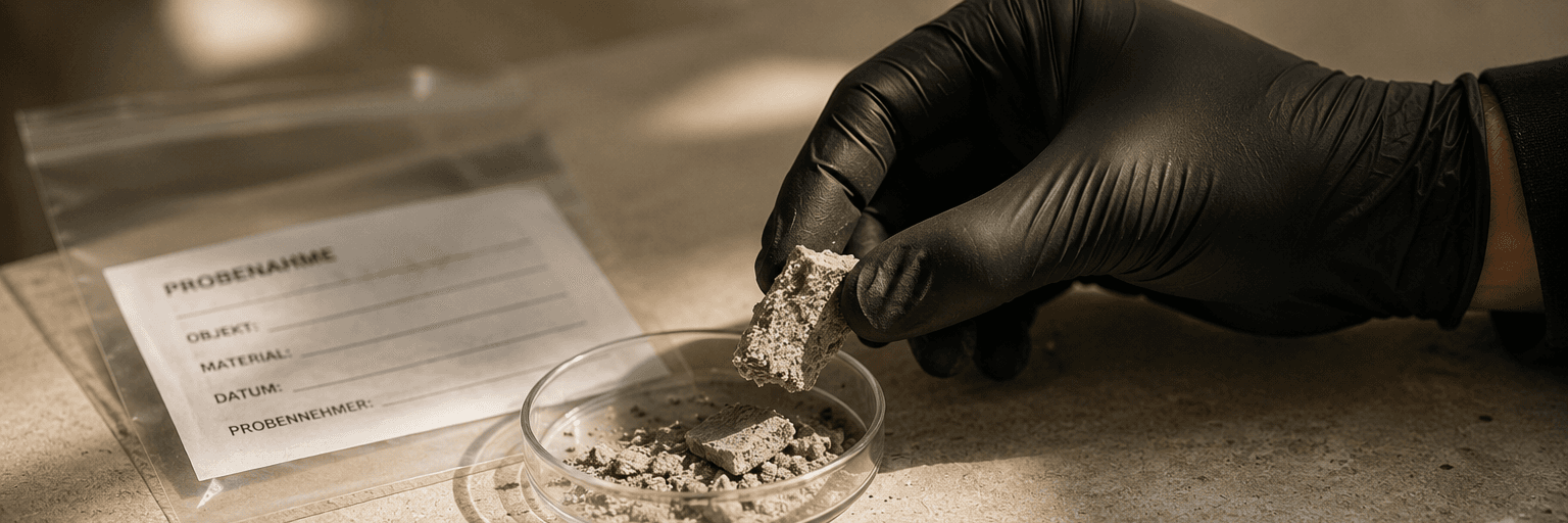 Schwarzer Nitrilhandschuh hält eine Materialprobe über einer Petrischale